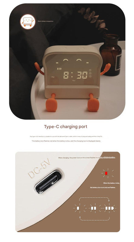 Adorable Toast-Shaped Digital Alarm Clock with Night Light & Phone Stand - Multifunctional Kids Clock(brown) 5