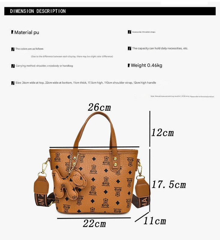 Chic Print Tote Bag with Bear Charm - Versatile Handbag & Crossbody(black) 6