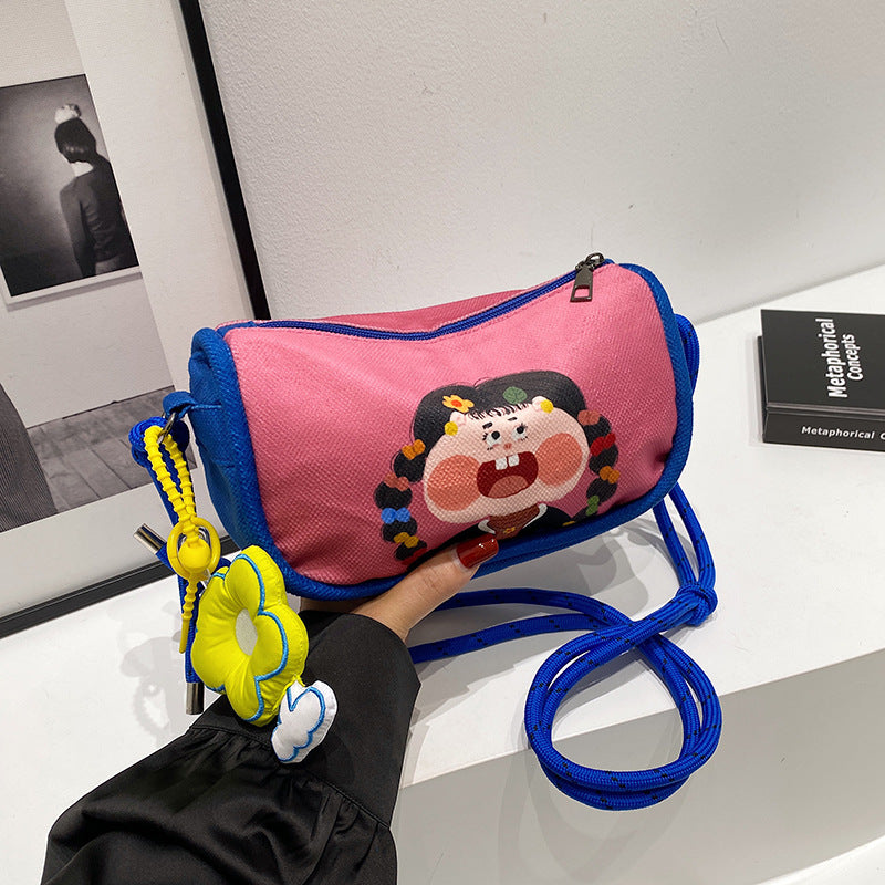 Whimsical Cartoon Girl Crossbody Bag - Lightweight Canvas with Adjustable Rope Strap & Flower Charm(Pink)