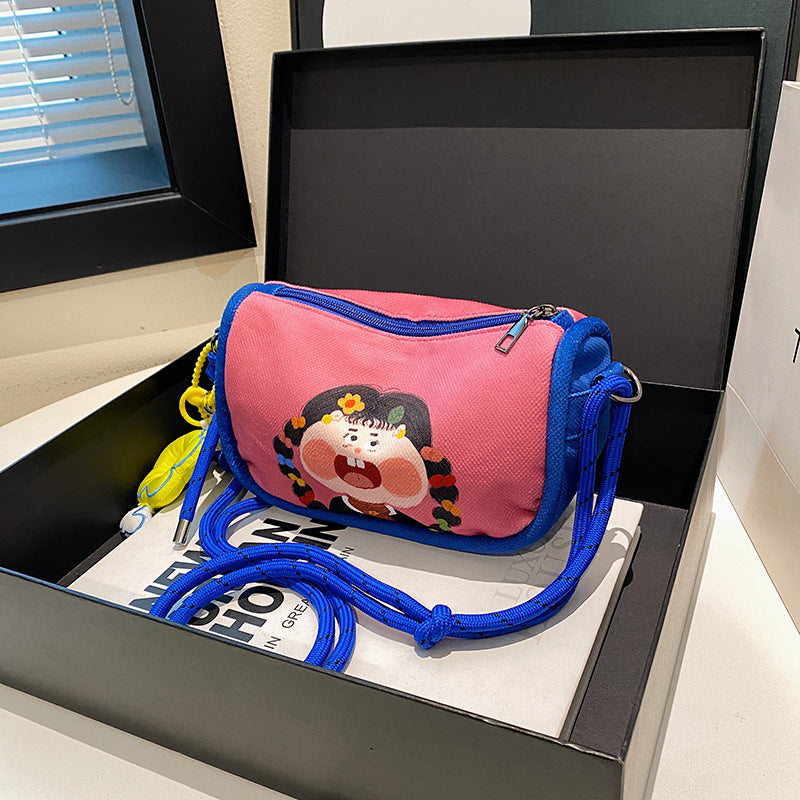 Whimsical Cartoon Girl Crossbody Bag - Lightweight Canvas with Adjustable Rope Strap & Flower Charm(Pink) 3