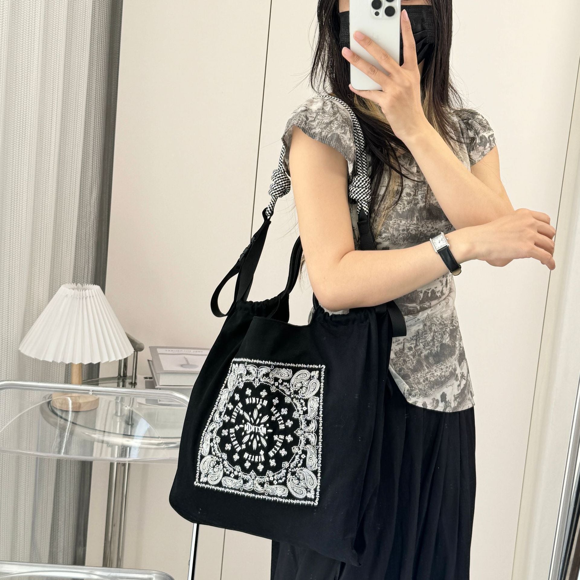 Printed Canvas Tote Bag - Water-Resistant, Large Capacity Shoulder Bag with Intricate Pattern(Dark grey datura flower) 4