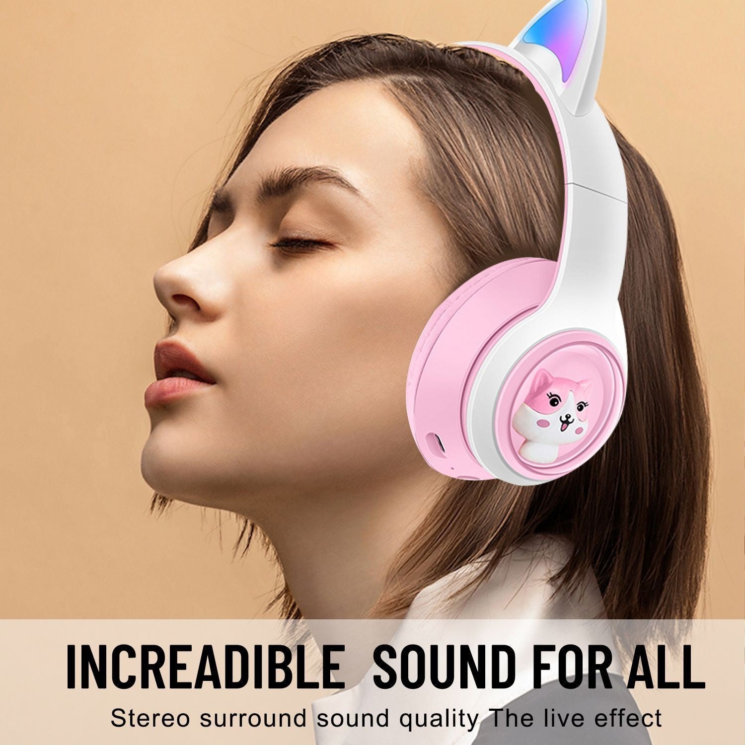 Cute Cat Ear Wireless Headphones - BT5.3, LED Lights, TF Card Slot, Soft Protein Padding(Pink) 4