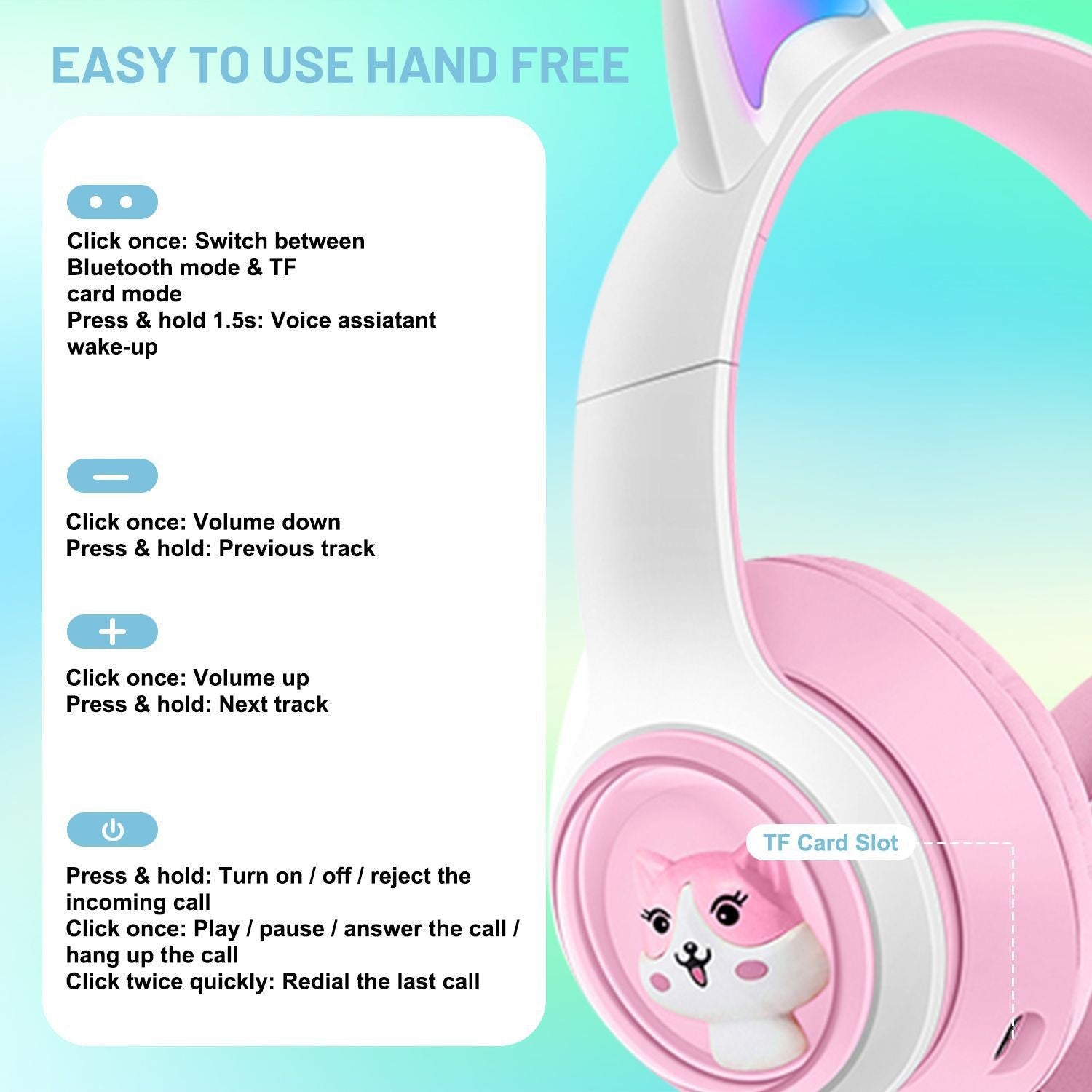 Cute Cat Ear Wireless Headphones - BT5.3, LED Lights, TF Card Slot, Soft Protein Padding(Pink) 5