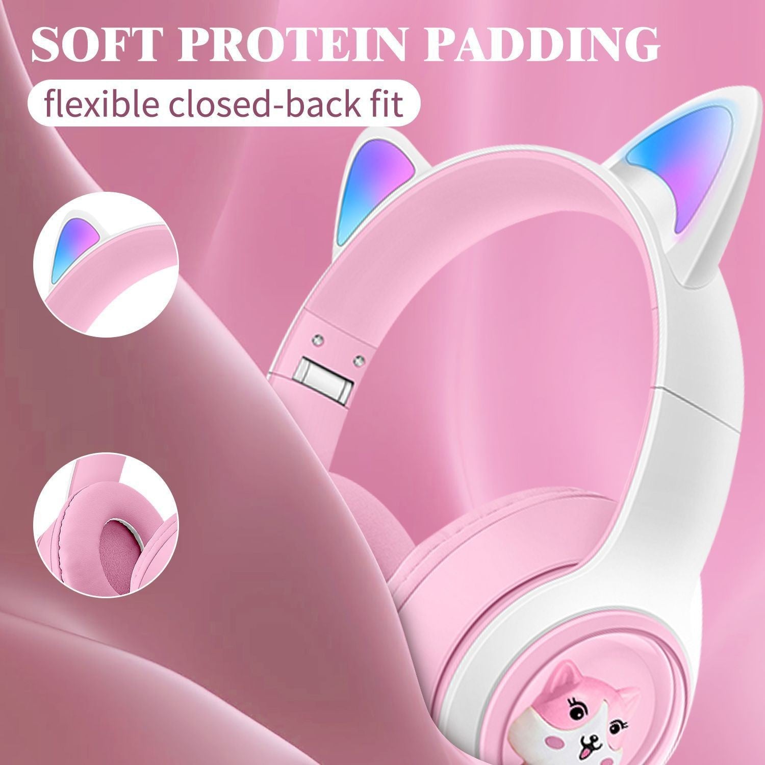 Cute Cat Ear Wireless Headphones - BT5.3, LED Lights, TF Card Slot, Soft Protein Padding(Purple) 3