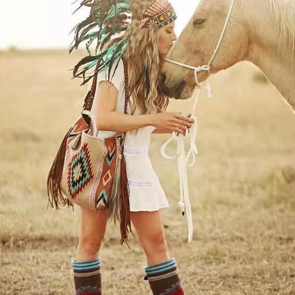 Bohemian Style Canvas Hobo Bag with Tassels & Geometric Print - Large Capacity Shoulder Bag(green) 3