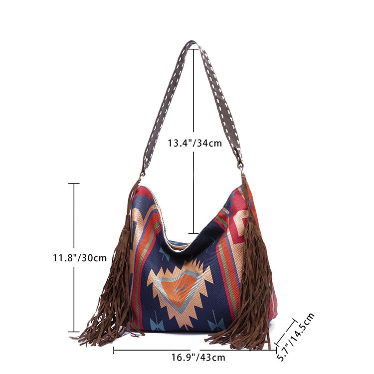 Bohemian Style Canvas Hobo Bag with Tassels & Geometric Print - Large Capacity Shoulder Bag(green) 8