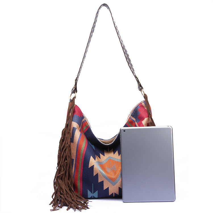 Bohemian Style Canvas Hobo Bag with Tassels & Geometric Print - Large Capacity Shoulder Bag(purple) 7