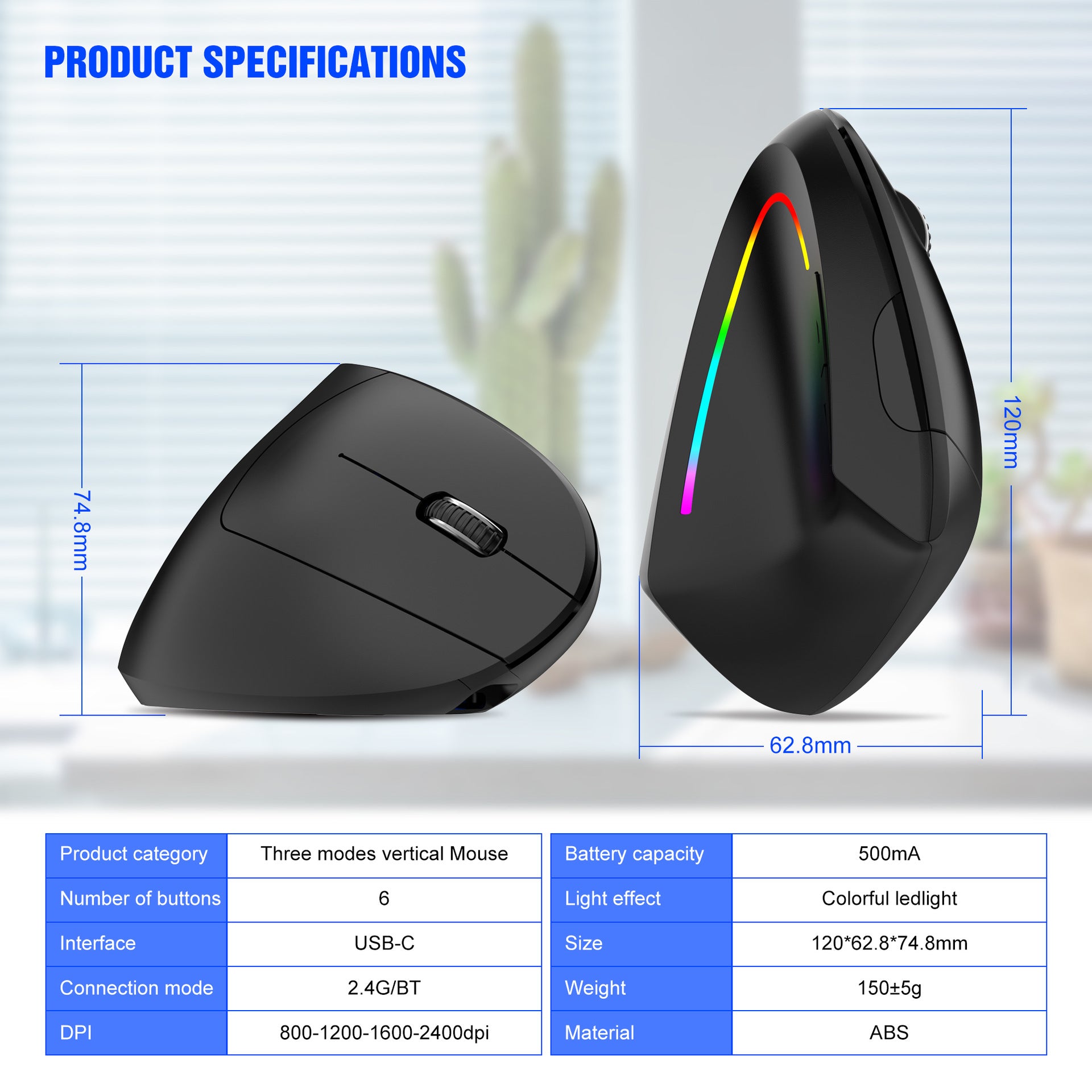 Ergonomic Vertical Wireless Mouse - 2.4G/Bluetooth, Rechargeable, RGB Light, 4 DPI Levels(black) 5
