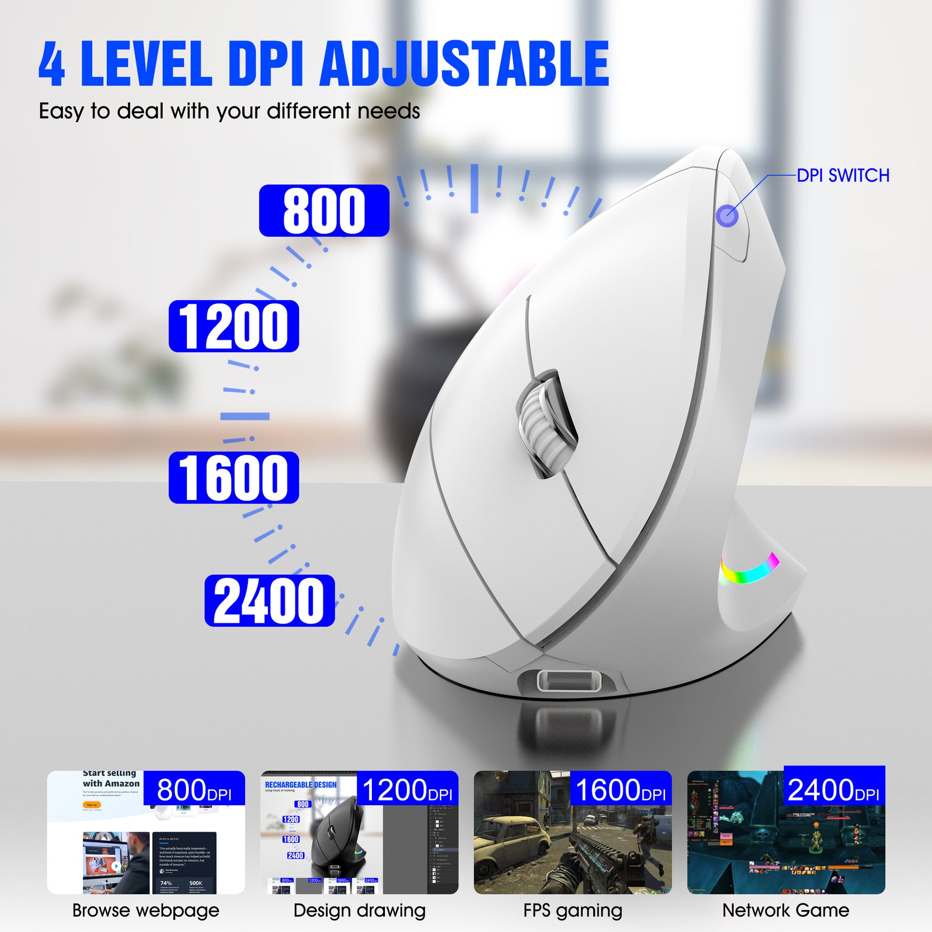 Ergonomic Vertical Wireless Mouse - 2.4G/Bluetooth, Rechargeable, RGB Light, 4 DPI Levels(grey) 3