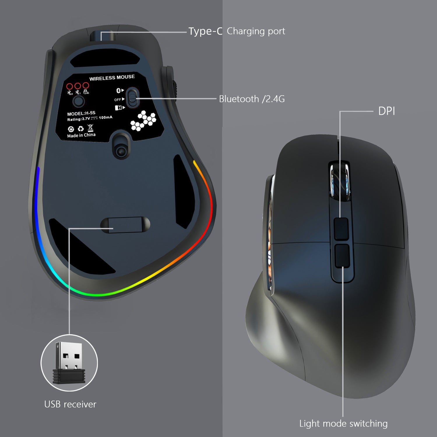 Ergonomic Vertical Wireless Mouse - Dual Mode (2.4G + Bluetooth), RGB Light, Rechargeable 500mAh Battery(Blue) 4