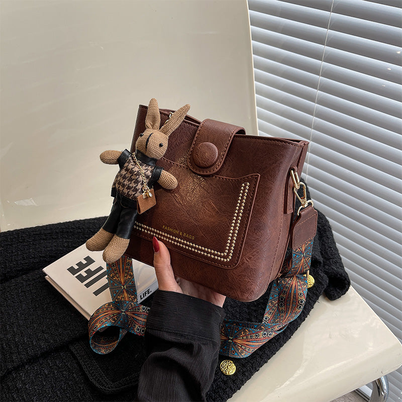 Vintage Style PU Leather Bucket Bag with Wide Patterned Strap & Optional Bunny Charm(red brown) 5
