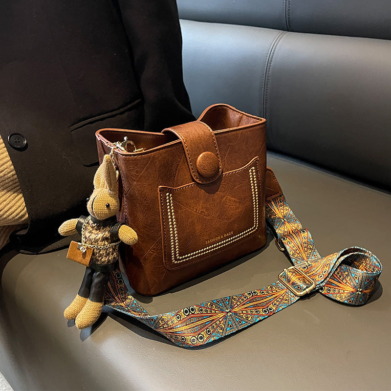 Vintage Style PU Leather Bucket Bag with Wide Patterned Strap & Optional Bunny Charm(caramel) 4