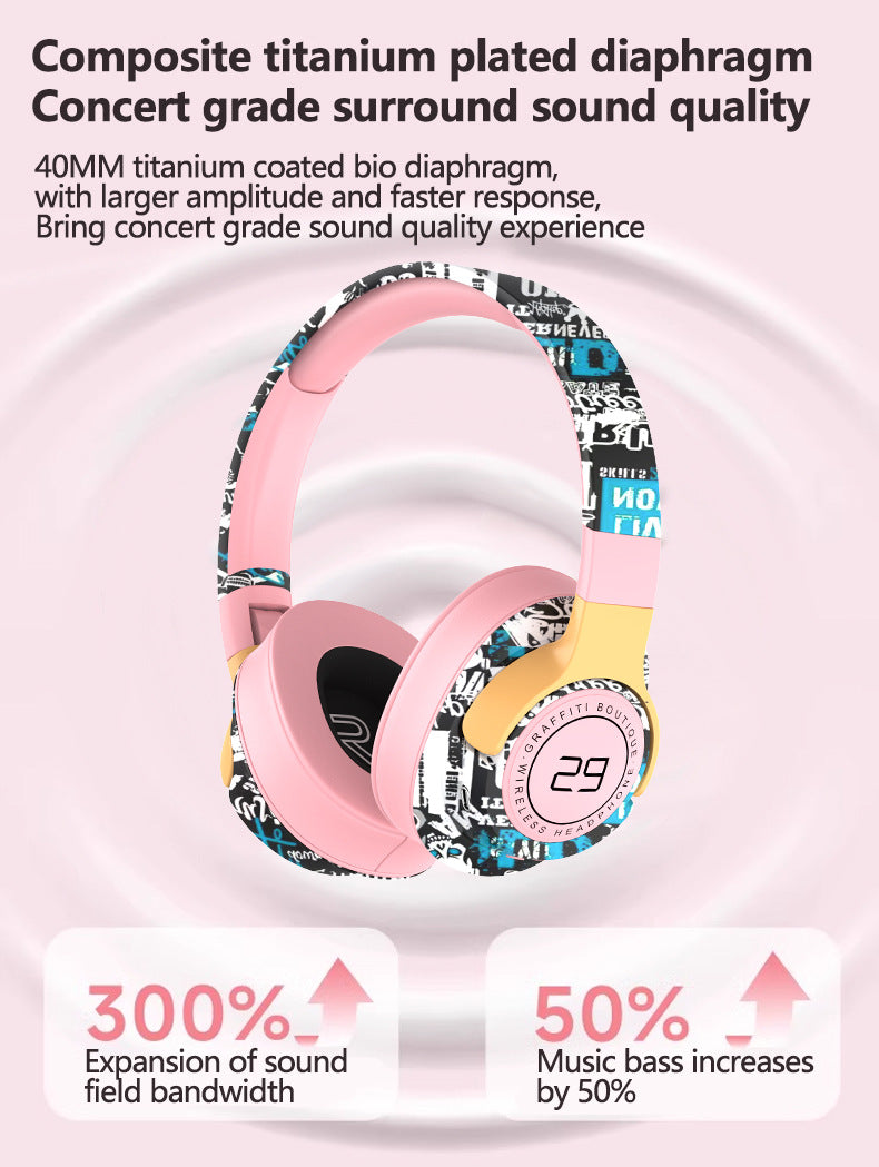 Trendy Graffiti Wireless Over-Ear Headphones - Bluetooth 5.1, HIFI 360 Surround Sound, 12H Playtime, Low Latency(pink) 3