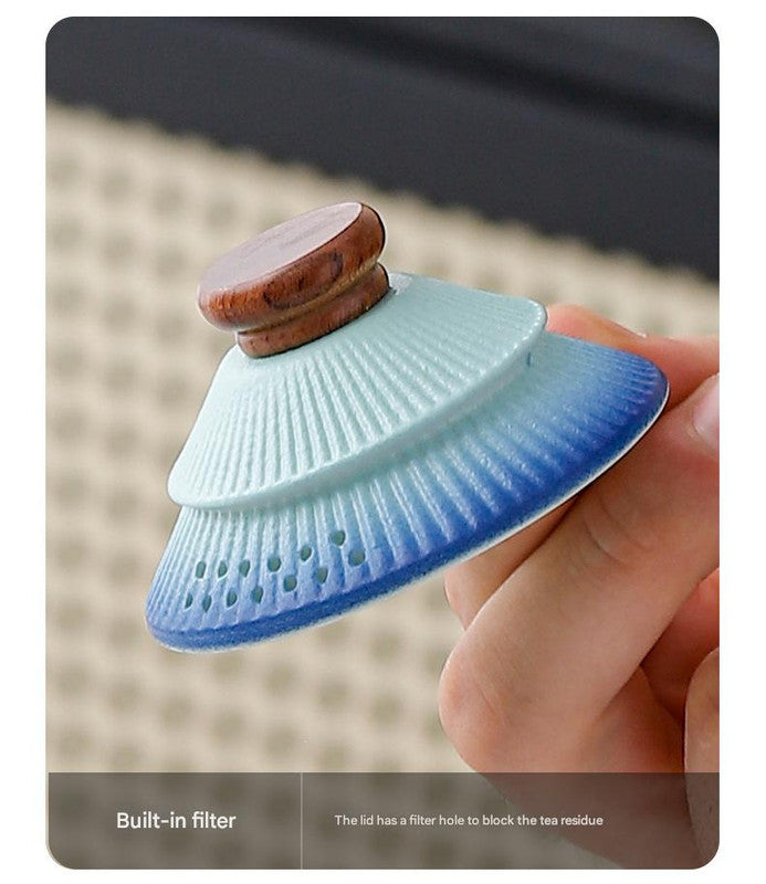 Artisan Ceramic Tea Pot with Built-in Strainer - 280ml, Gradient Finish & Wooden Accents(White+red) 3