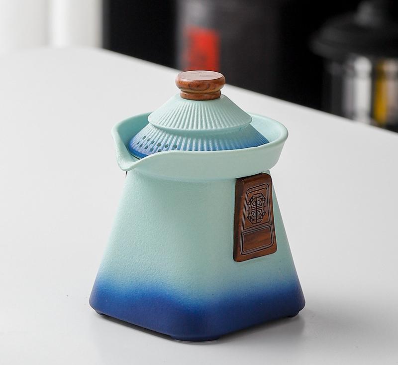 Artisan Ceramic Tea Pot with Built-in Strainer - 280ml, Gradient Finish & Wooden Accents(Blue+green)