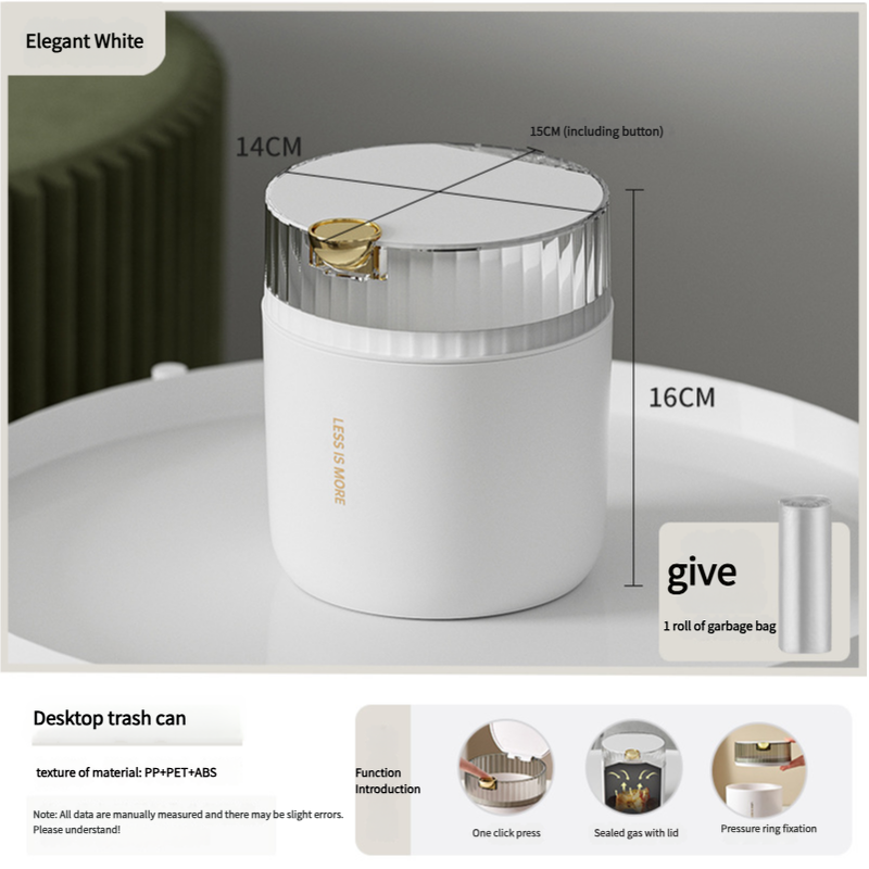 White desktop trash can (standard 1-roll garbage bag) 14cm * 15cm (including button) * 16cm