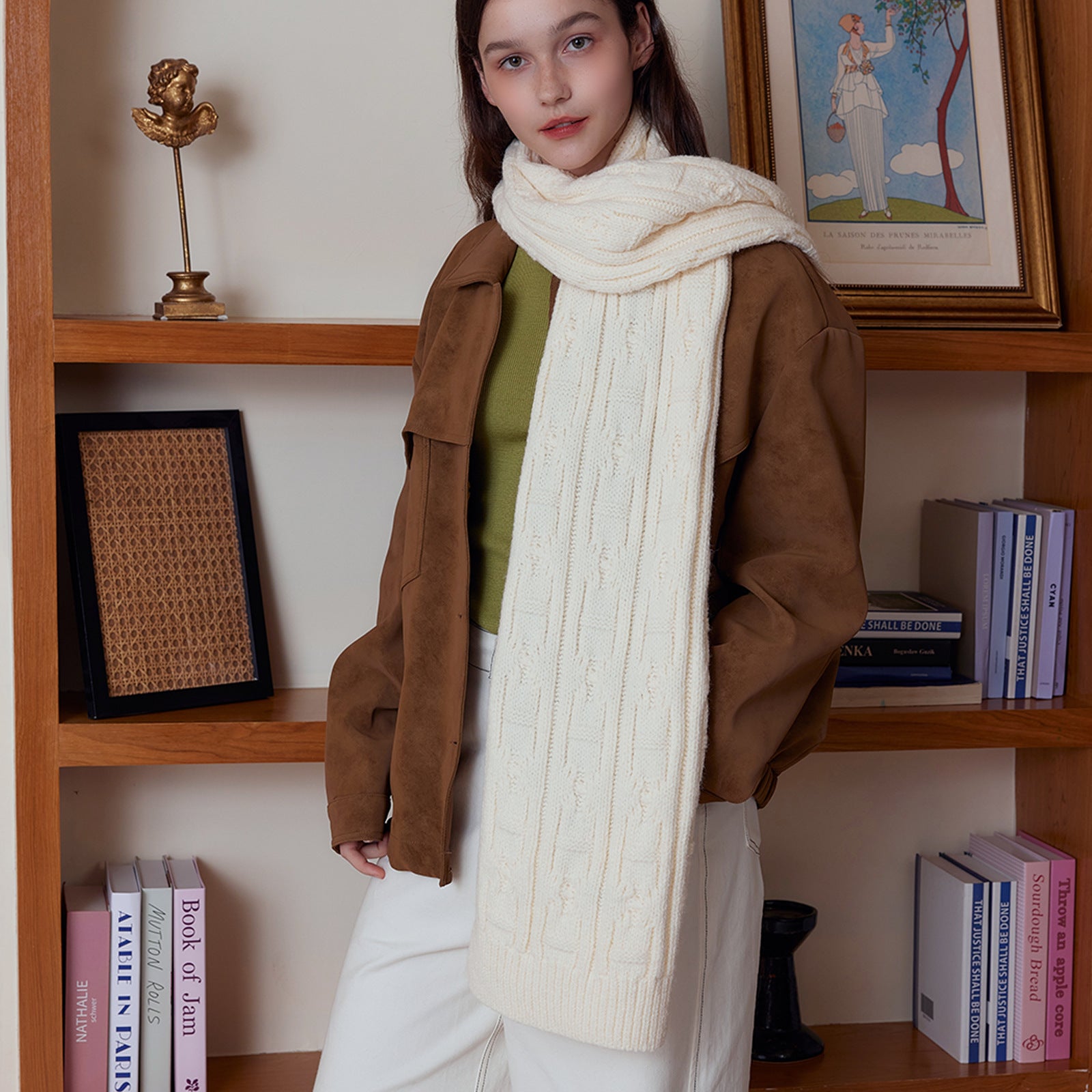 White Classic Textured Knit Scarf - Solid Color, Premium Soft Feel, Winter (176x26.5cm) 3