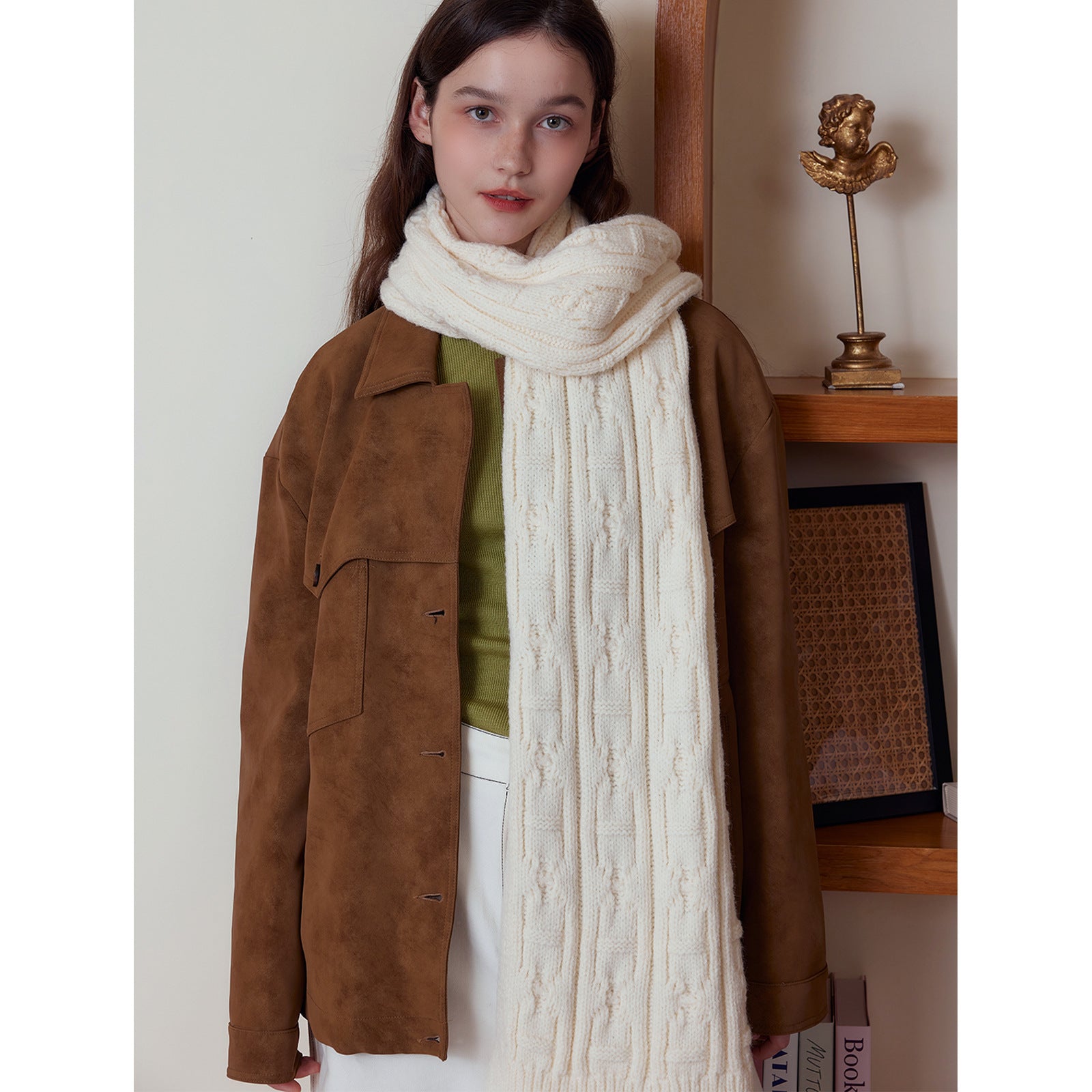 White Classic Textured Knit Scarf - Solid Color, Premium Soft Feel, Winter (176x26.5cm) 4