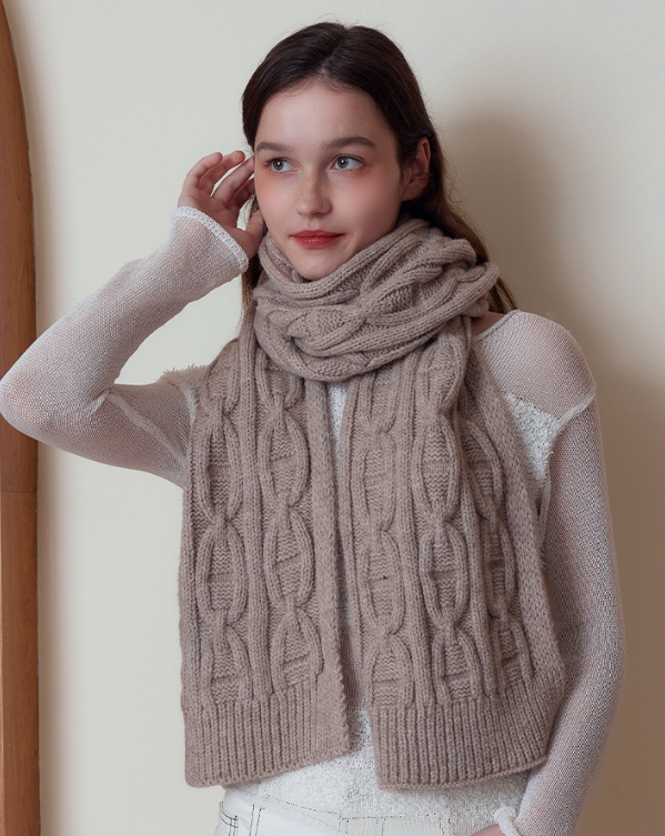 Khaki Classic Textured Knit Scarf - Solid Color, Premium Soft Feel, Winter (176x26.5cm) 4