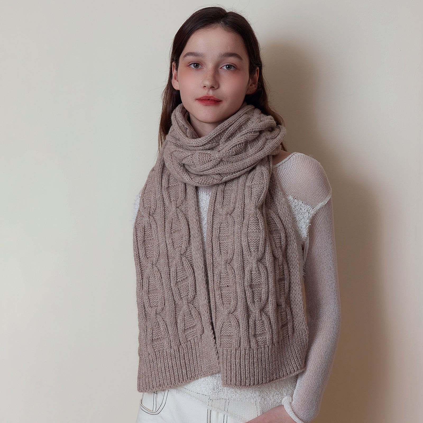 Khaki Classic Textured Knit Scarf - Solid Color, Premium Soft Feel, Winter (176x26.5cm) 5
