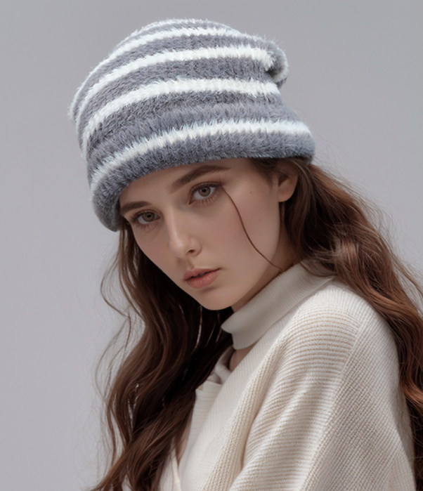 Trendy Dual-Tone Striped Beanie - Soft Plush Knit, Versatile Winter Cap (Gray and white) 3