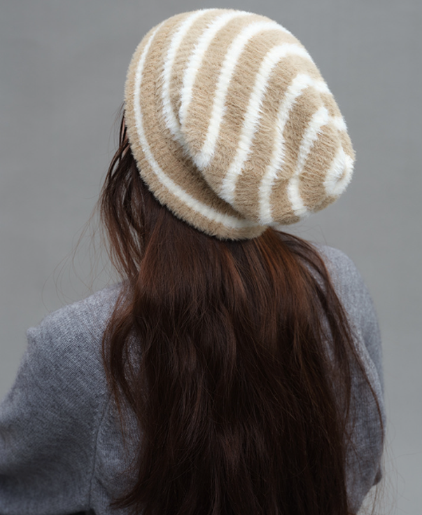 Trendy Dual-Tone Striped Beanie - Soft Plush Knit, Versatile Winter Cap (Khaki and white) 3