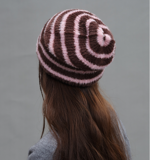 Trendy Dual-Tone Striped Beanie - Soft Plush Knit, Versatile Winter Cap (Pink and brown) 3