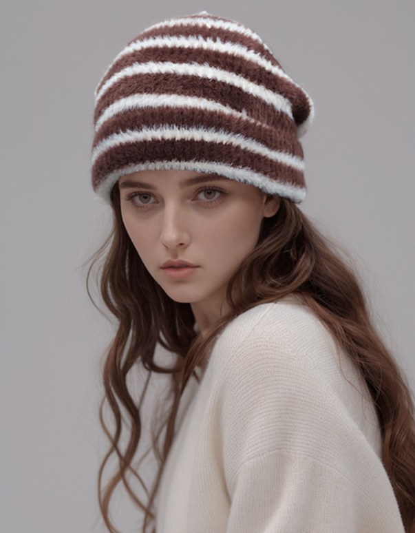Trendy Dual-Tone Striped Beanie - Soft Plush Knit, Versatile Winter Cap (Brown and white) 3