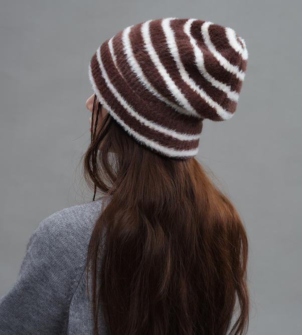 Trendy Dual-Tone Striped Beanie - Soft Plush Knit, Versatile Winter Cap (Brown and white) 4