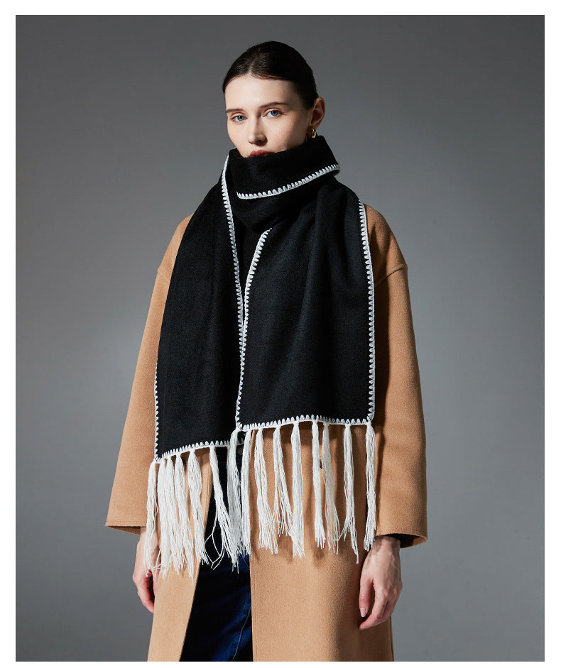 Black Contrast Edge & Tassel Scarf - Chic Autumn/Winter Neckwear (190x30cm) 3