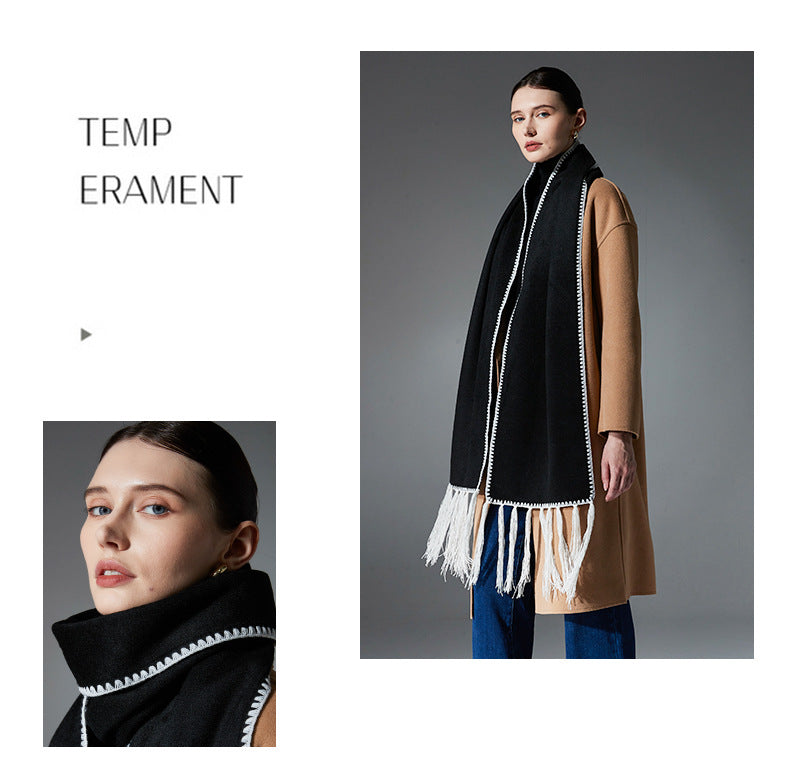 Black Contrast Edge & Tassel Scarf - Chic Autumn/Winter Neckwear (190x30cm) 4