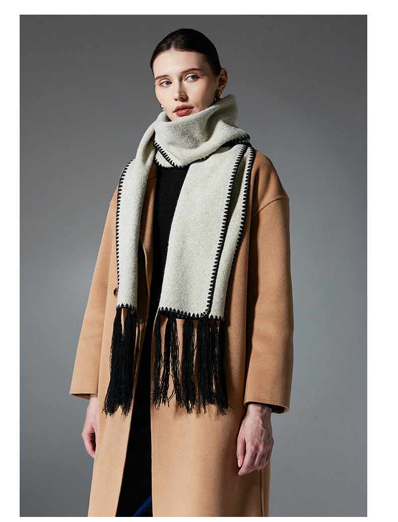 Beige Contrast Edge & Tassel Scarf - Chic Autumn/Winter Neckwear (190x30cm) 3