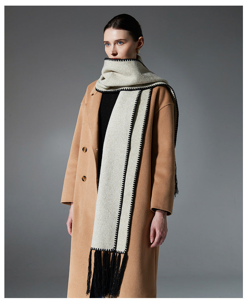 Beige Contrast Edge & Tassel Scarf - Chic Autumn/Winter Neckwear (190x30cm) 4