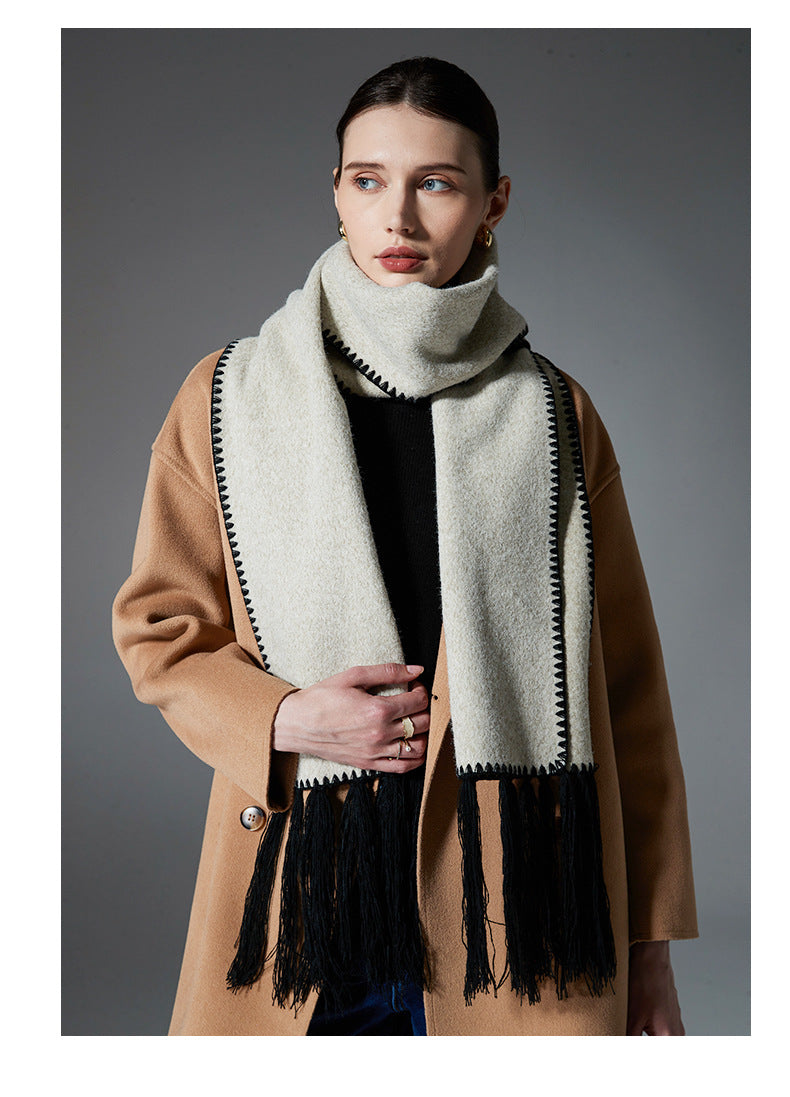 Beige Contrast Edge & Tassel Scarf - Chic Autumn/Winter Neckwear (190x30cm) 5