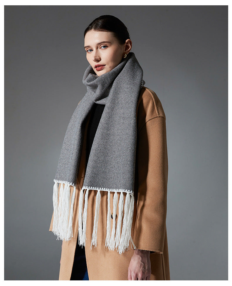 Gray Contrast Edge & Tassel Scarf - Chic Autumn/Winter Neckwear (190x30cm) 3