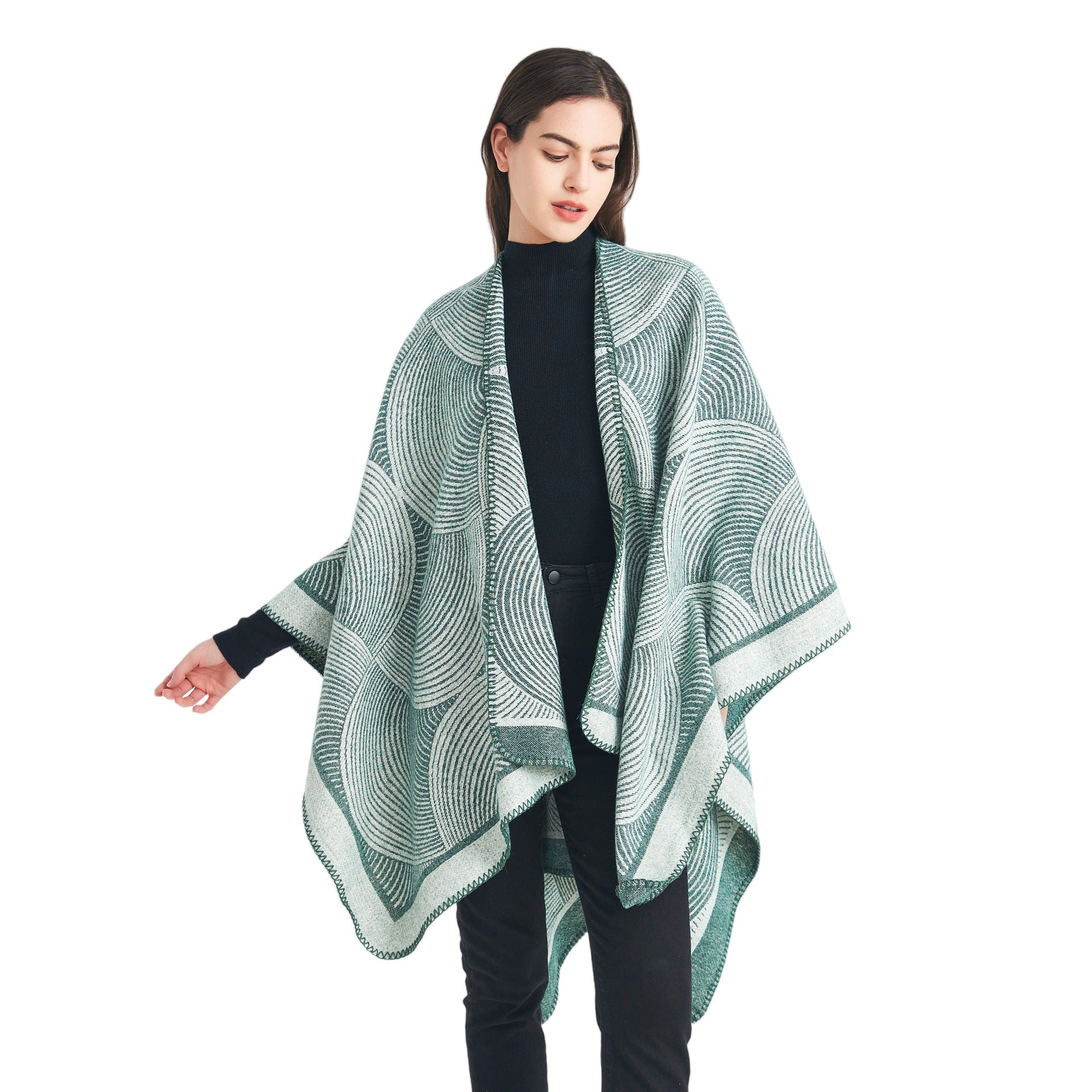 Green Geometric Print Cape - Cozy Knit Poncho for Women (165x130cm) 3