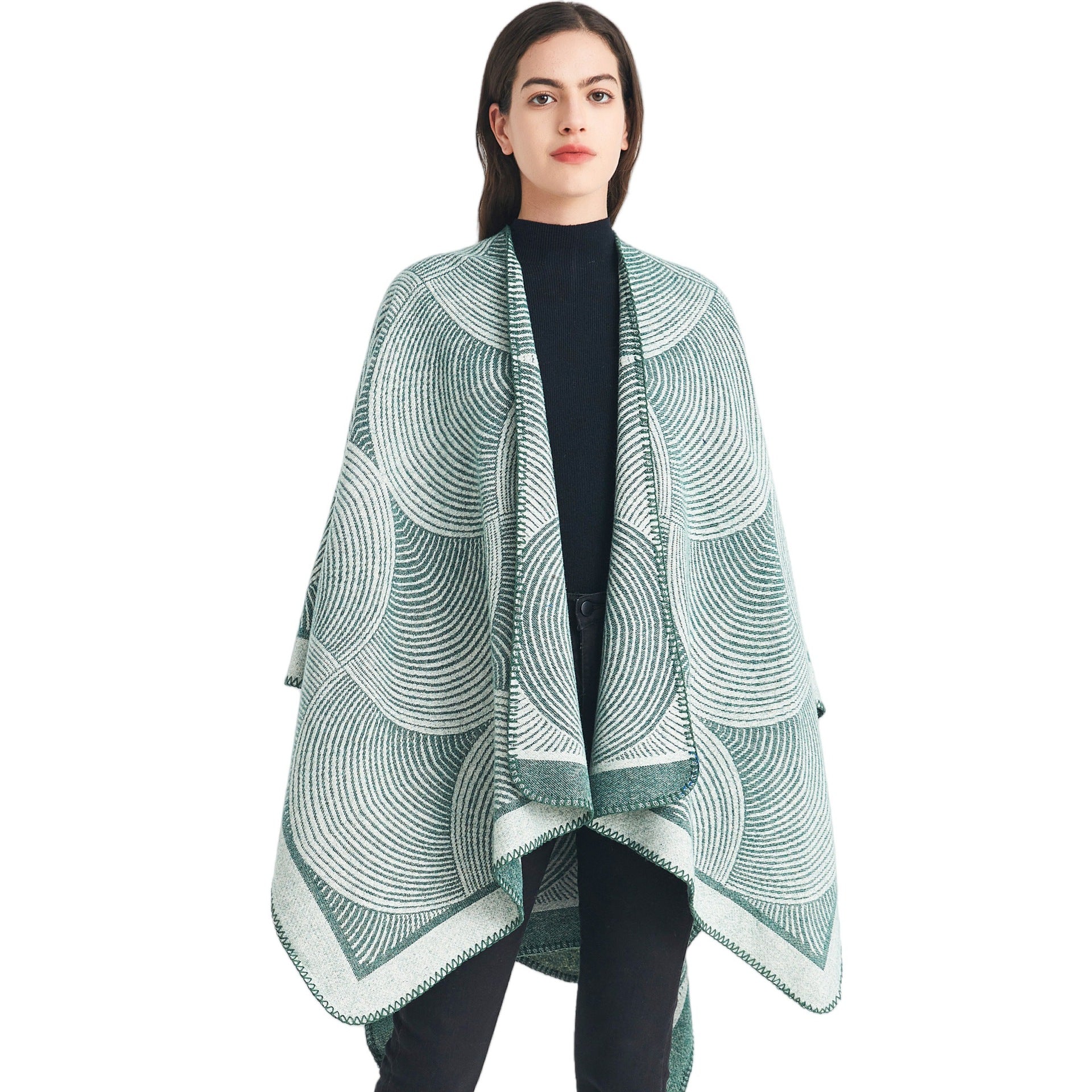 Green Geometric Print Cape - Cozy Knit Poncho for Women (165x130cm) 4