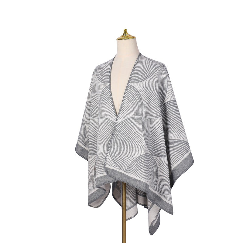 Grey Geometric Print Cape - Cozy Knit Poncho for Women (165x130cm) 3