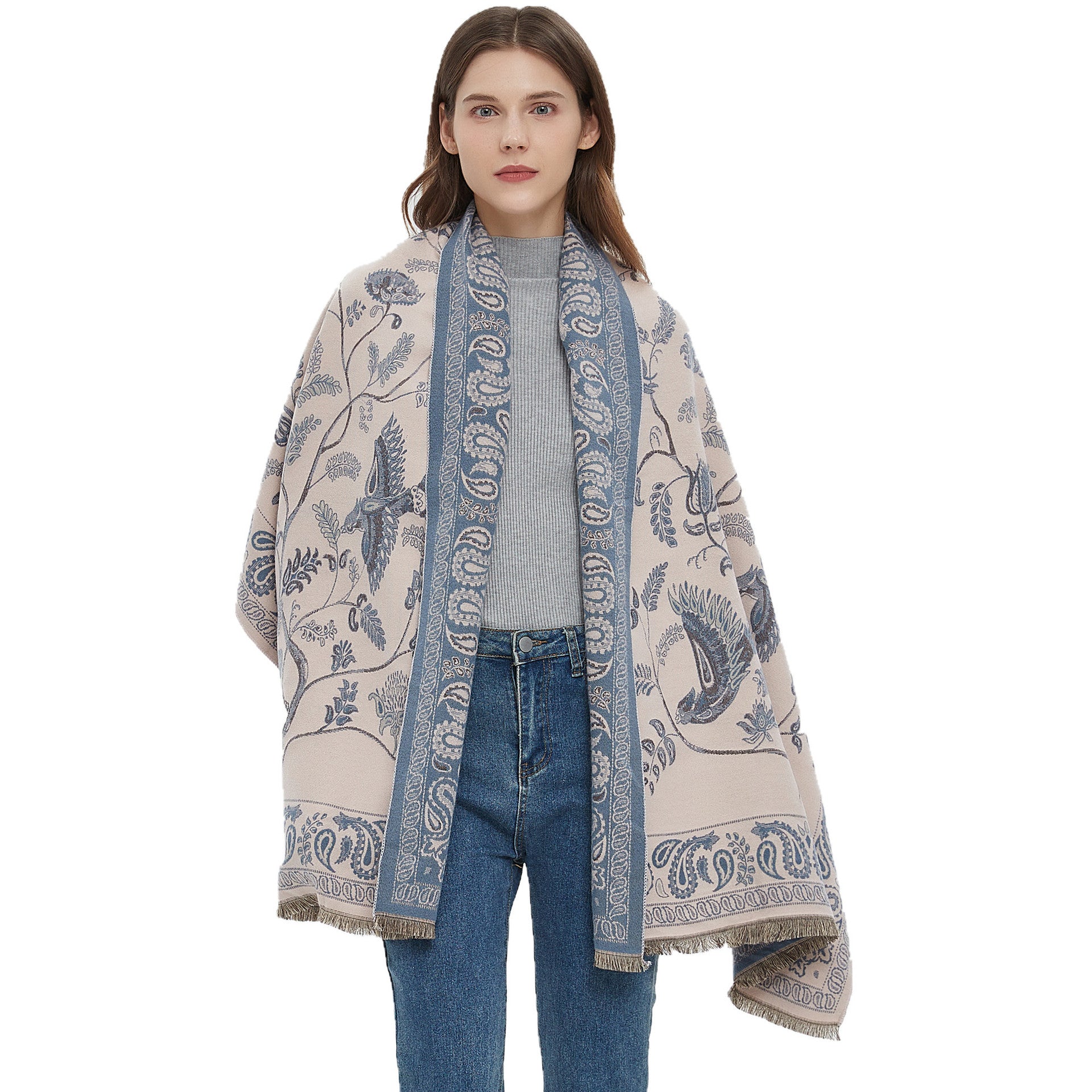Women's Soft Jacquard Shawl - Paisley & Bird Floral Print Scarf(190x65cm) 3
