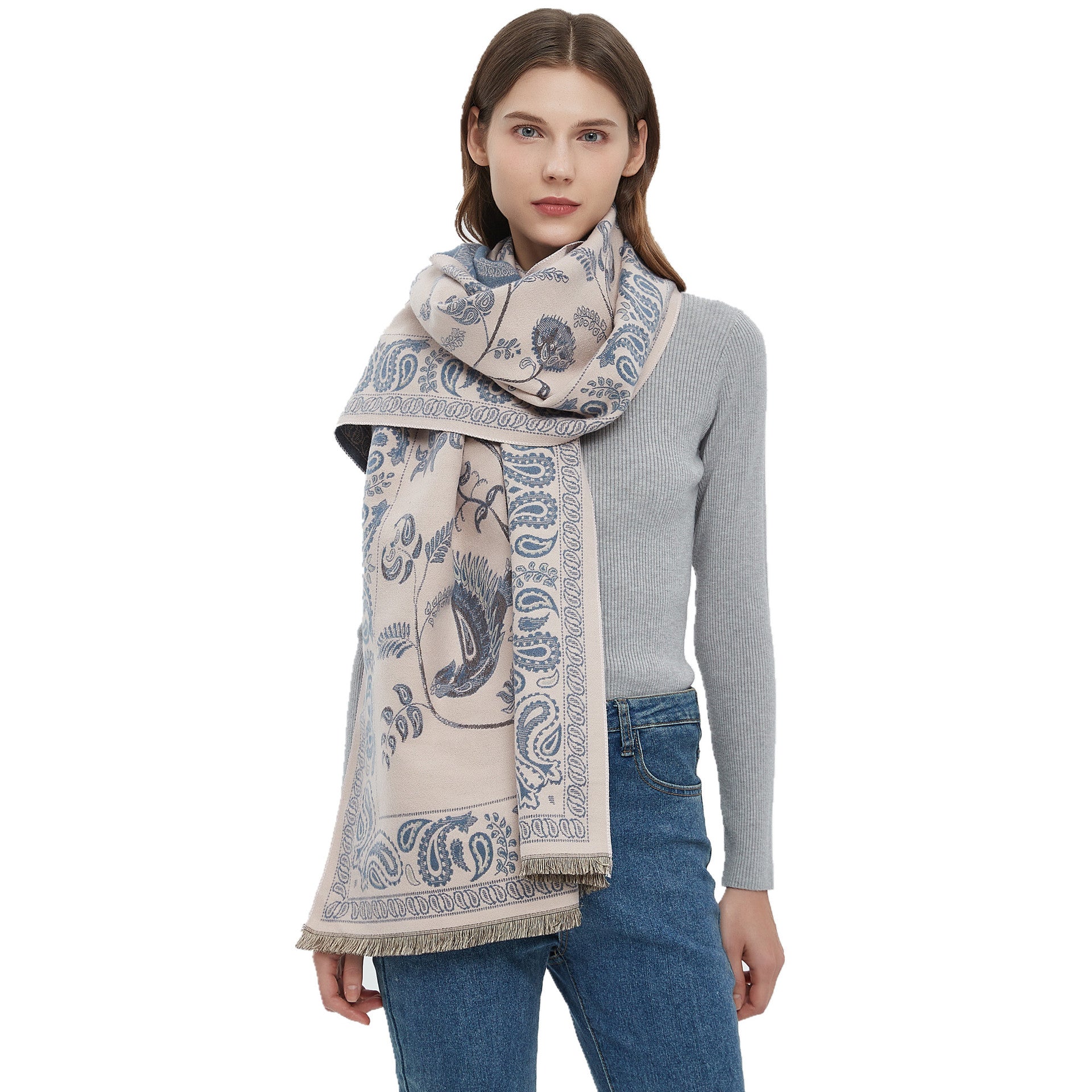 Women's Soft Jacquard Shawl - Paisley & Bird Floral Print Scarf(190x65cm) 4