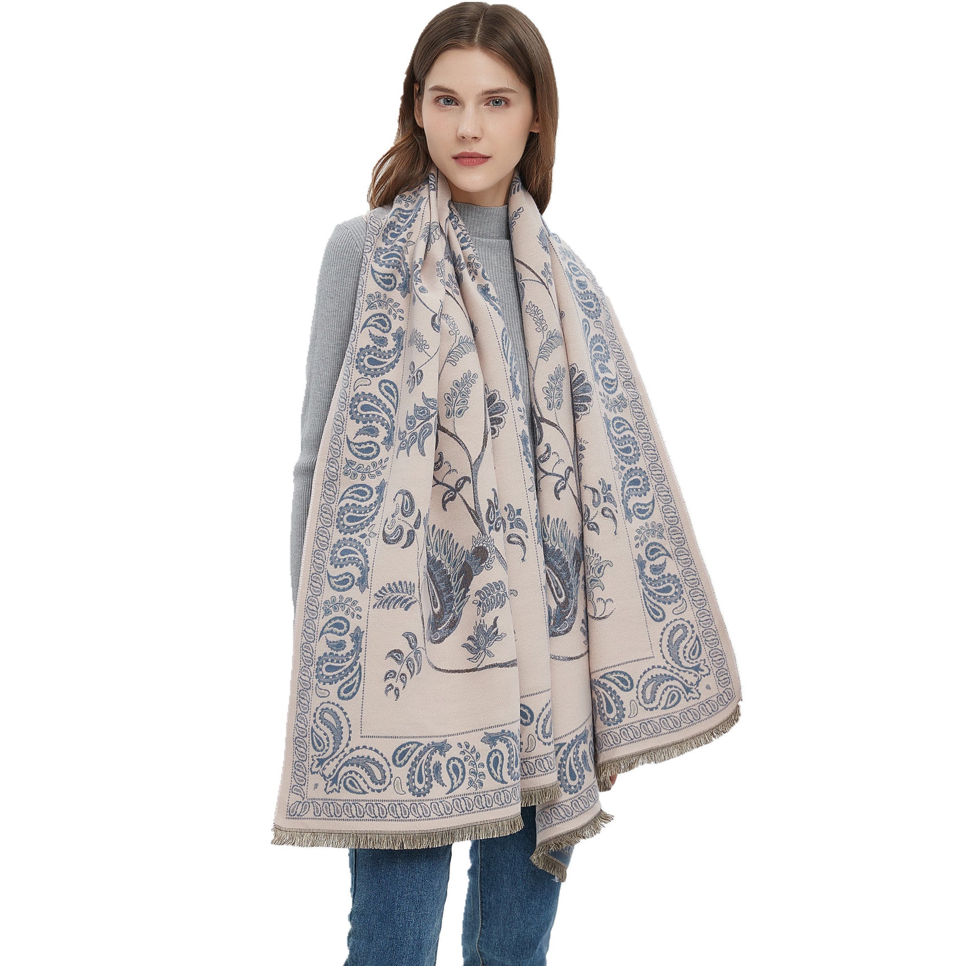 Women's Soft Jacquard Shawl - Paisley & Bird Floral Print Scarf(190x65cm) 5
