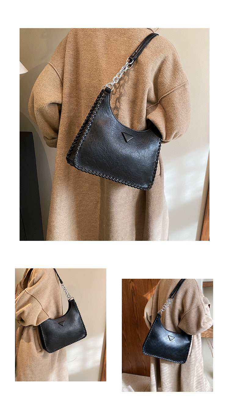 Black Chic PU Leather Shoulder Bag with Chain Strap & Whipstitch Detail 3