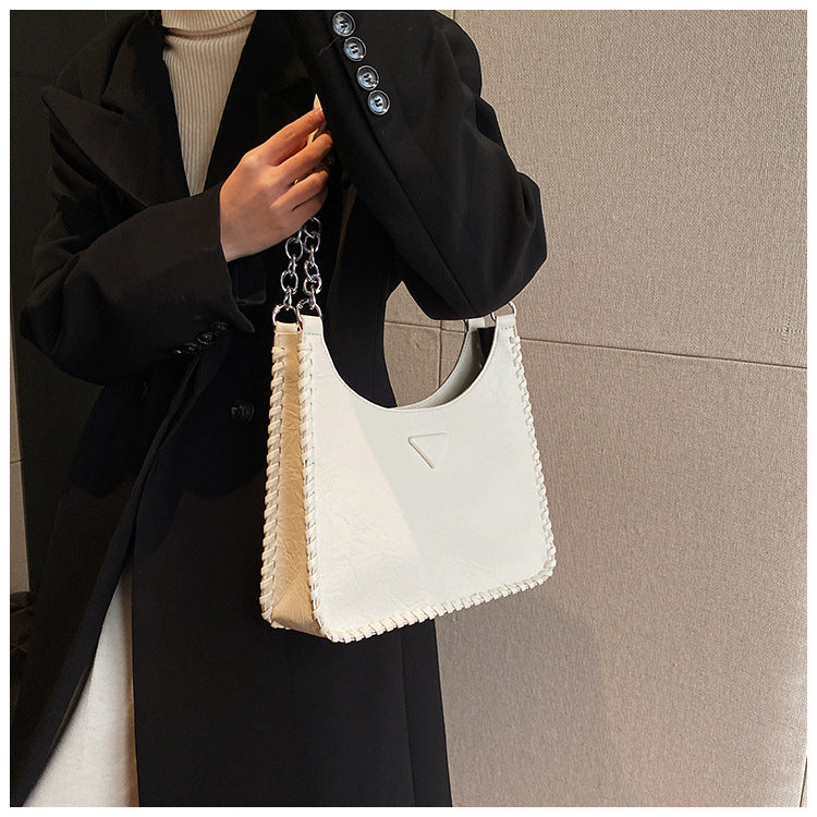 Beige Chic PU Leather Shoulder Bag with Chain Strap & Whipstitch Detail 3