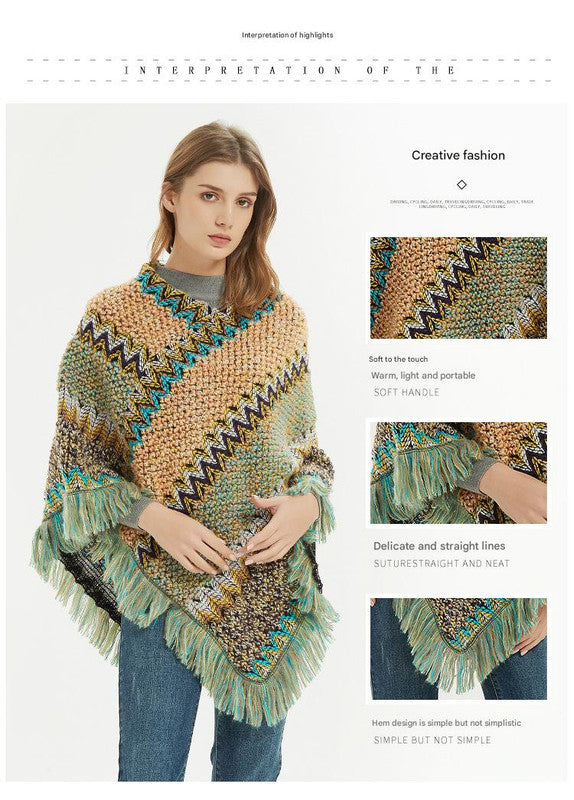 Rose red Lightweight Chevron Knit Poncho for Women - Elegant Fringed Shawl Wrap 3