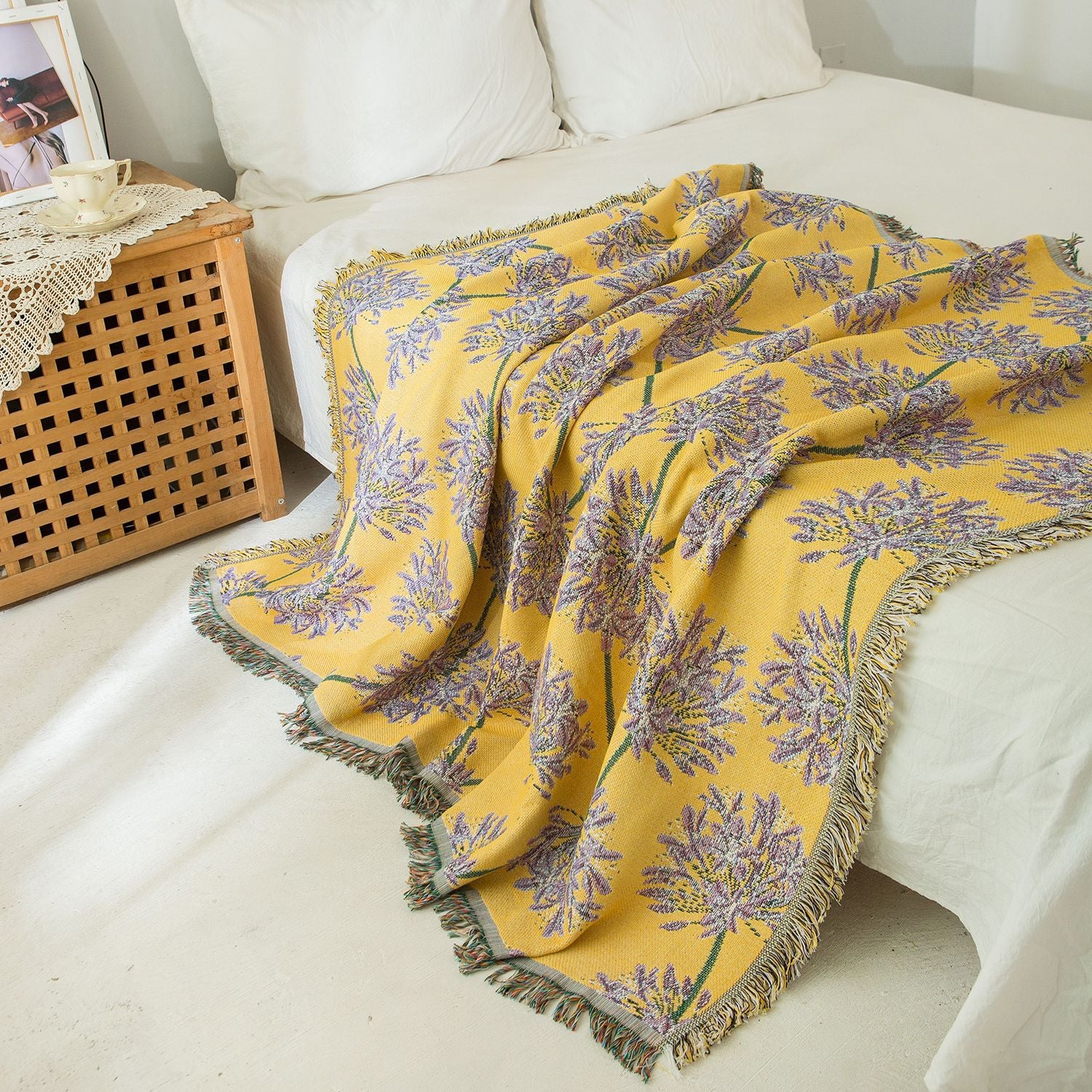 Yellow & Purple  Floral Woven Throw Blanket -  Chic Botanical Print with Tassels, Cotton Blend Sofa & Bed Cover