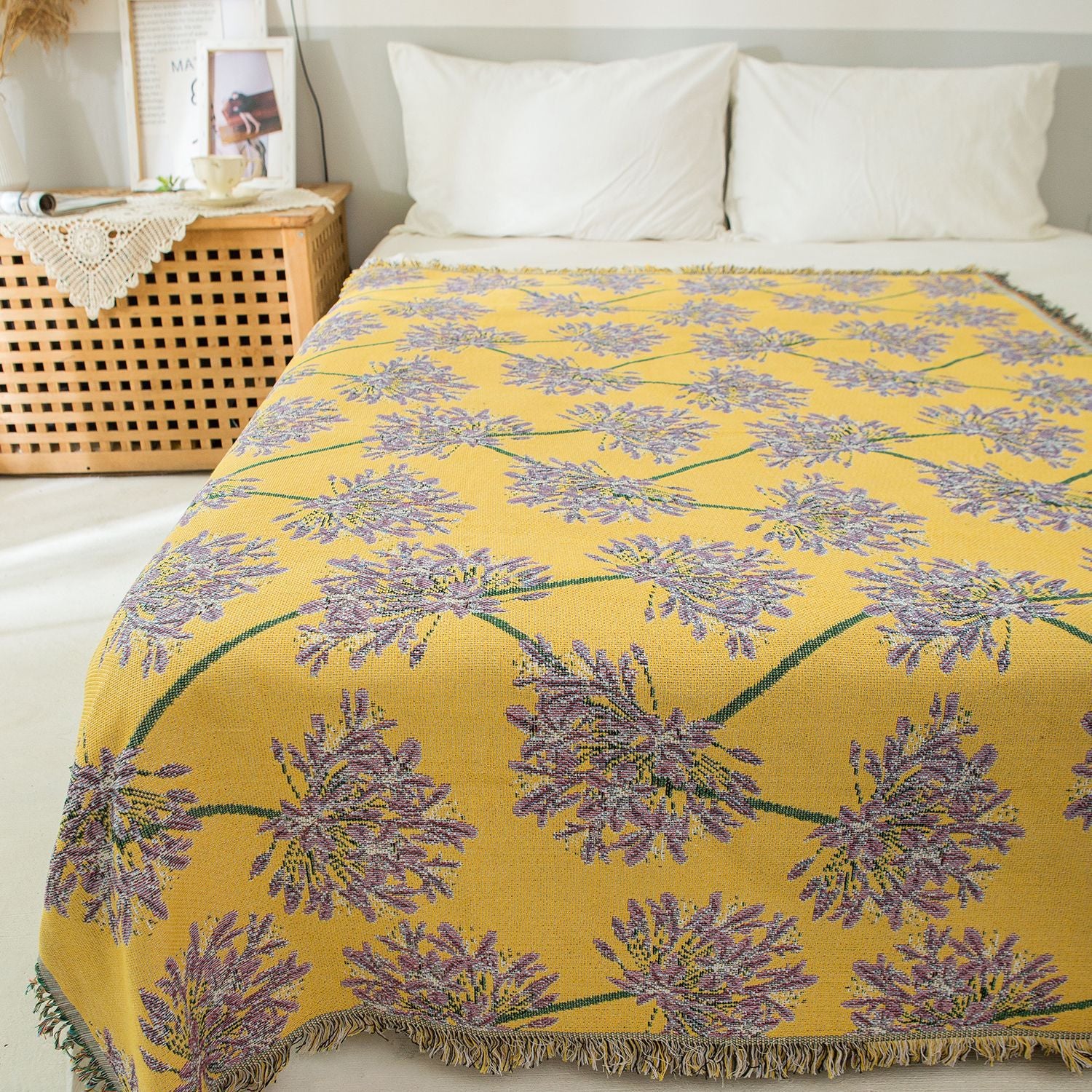 Yellow & Purple  Floral Woven Throw Blanket -  Chic Botanical Print with Tassels, Cotton Blend Sofa & Bed Cover 3
