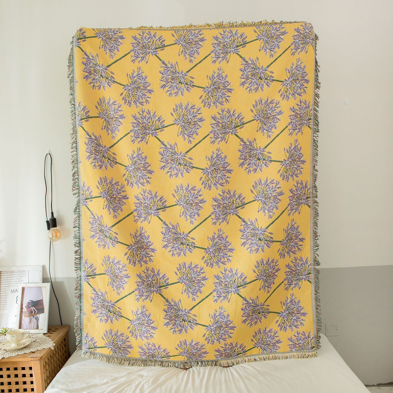 Yellow & Purple  Floral Woven Throw Blanket -  Chic Botanical Print with Tassels, Cotton Blend Sofa & Bed Cover 4