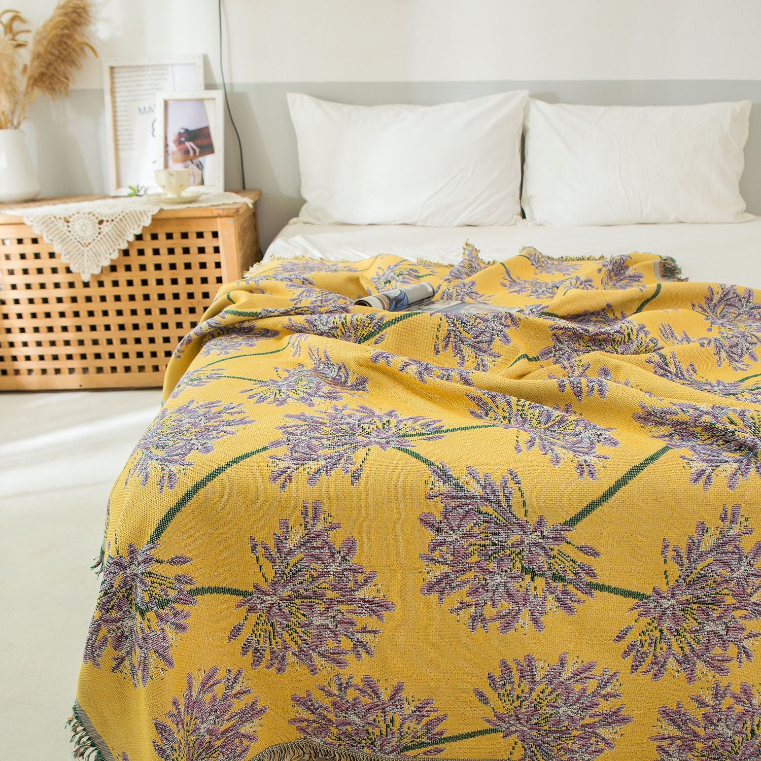 Yellow & Purple  Floral Woven Throw Blanket -  Chic Botanical Print with Tassels, Cotton Blend Sofa & Bed Cover 5