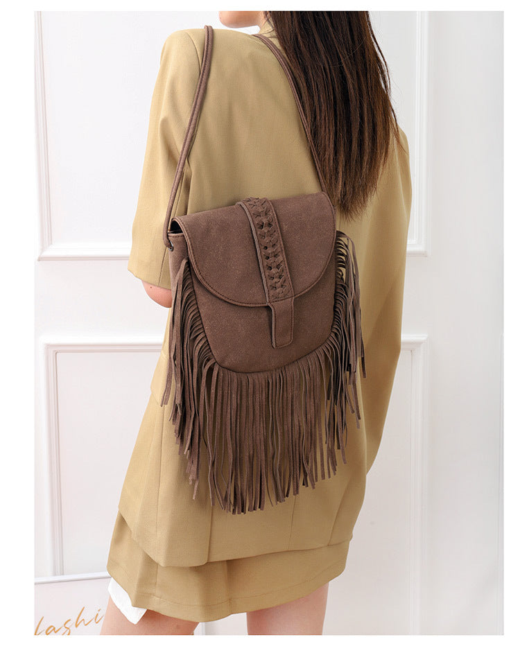 Brown Chic Bohemian Fringe Crossbody Bag - Suede-Look PU Leather with Braided Detail & Adjustable Strap 7