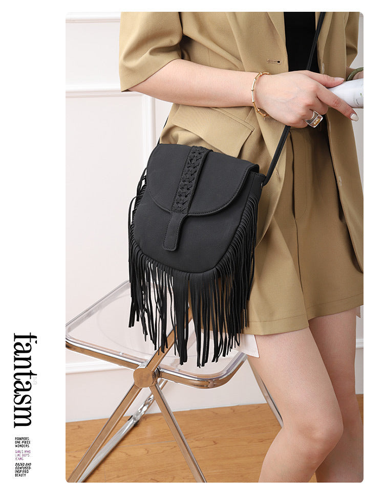 Black Chic Bohemian Fringe Crossbody Bag - Suede-Look PU Leather with Braided Detail & Adjustable Strap 9